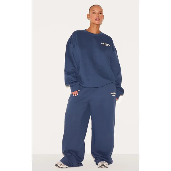 PRETTYLITTLETHING Plus Navy Printed Premium Straight Leg Sweatpants