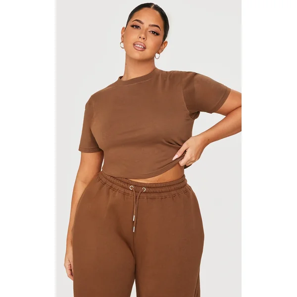 PRETTYLITTLETHING Plus Taupe Embroidered Rib Panel T Shirt