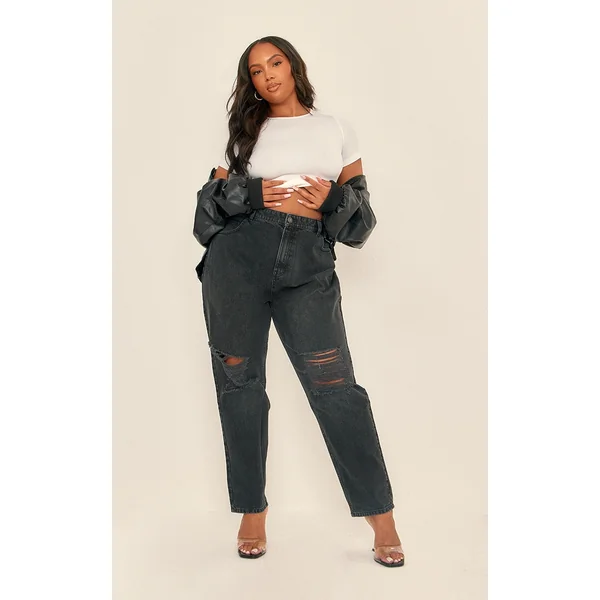 PRETTYLITTLETHING Plus Washed Black Ripped Knee Mom Jeans