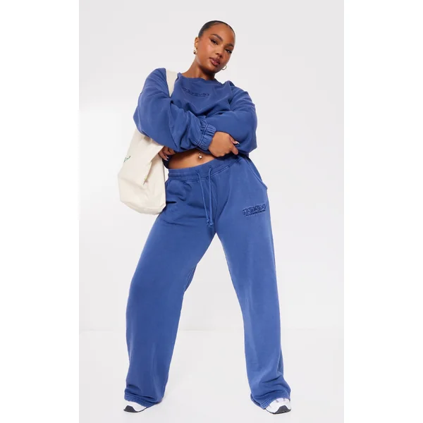 PRETTYLITTLETHING Plus Washed Blue Embroidered Sweatpants