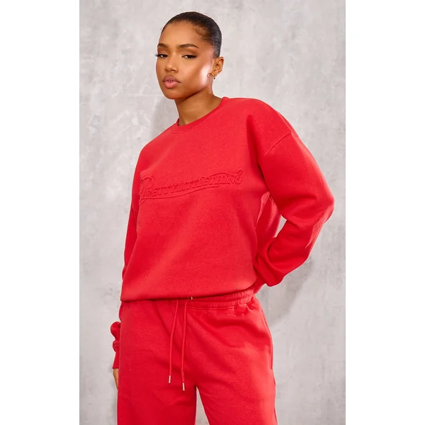 PRETTYLITTLETHING Red Embossed Graphic Oversized Sweatshirt