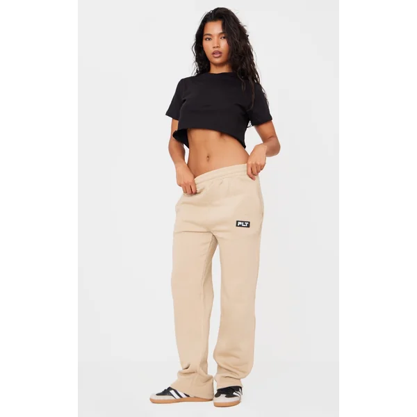 PRETTYLITTLETHING Sand Badge Detailed Straight Leg Sweatpants