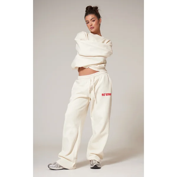 PRETTYLITTLETHING Sand Premium Studio Print Straight Leg Sweatpants