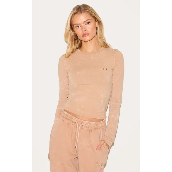 PRETTYLITTLETHING Sand Washed Longline Cotton Long Sleeve T-shirt
