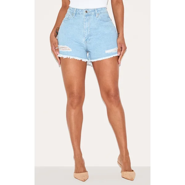 PRETTYLITTLETHING Shape Acid Blue Wash Ripped Denim Shorts