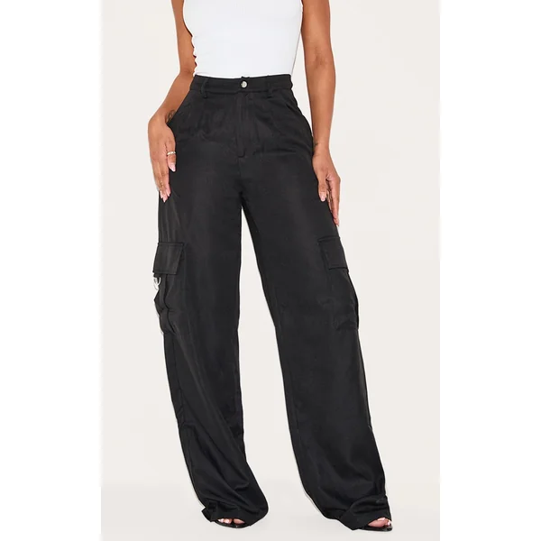 PRETTYLITTLETHING Shape Black Buckle Detail Cargo Wide Leg Pants