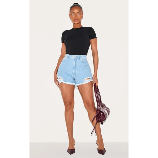 PRETTYLITTLETHING Shape Bleach Wash Ripped Denim Shorts