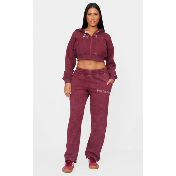 PRETTYLITTLETHING Shape Burgundy Printed High Waist Wide Leg Sweatpants