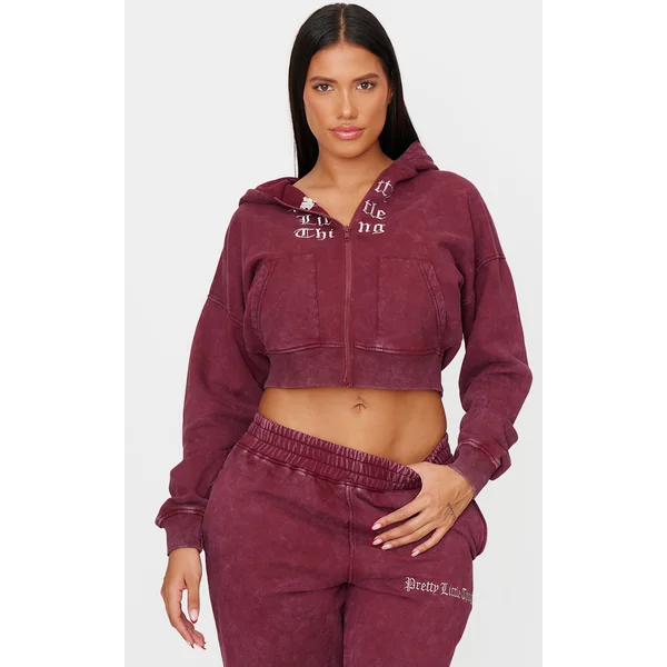PRETTYLITTLETHING Shape Burgundy Printed Zip Through Washed Hoodie