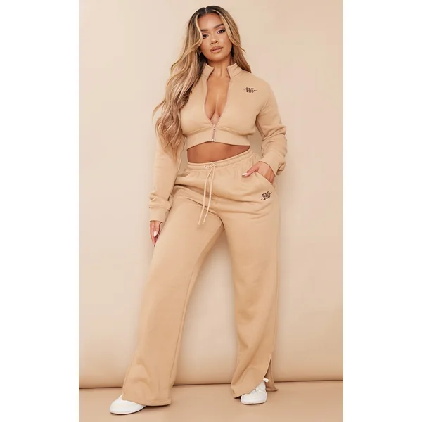 PRETTYLITTLETHING Shape Camel Embroidered High Waist Straight Leg Sweatpants