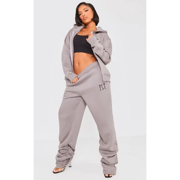 PRETTYLITTLETHING Shape Charcoal Embroidered Ruched Leg Sweatpants