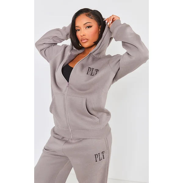 PRETTYLITTLETHING Shape Charcoal Embroidered Zip Through Hoodie