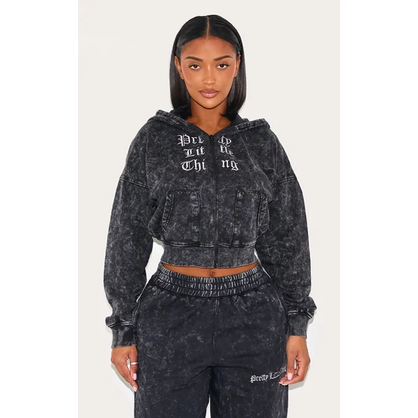 PRETTYLITTLETHING Shape Charcoal Grey Printed Zip Through Washed Hoodie