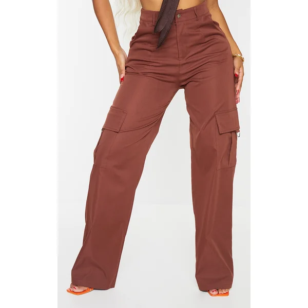 PRETTYLITTLETHING Shape Chocolate Brown Buckle Cargo Wide Leg Pants