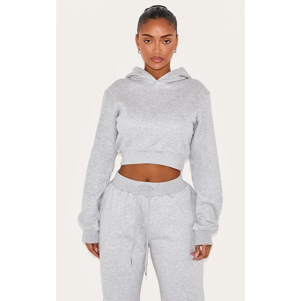 PRETTYLITTLETHING Shape Grey Marl Printed Back Cinched Waist Cropped Hoodie
