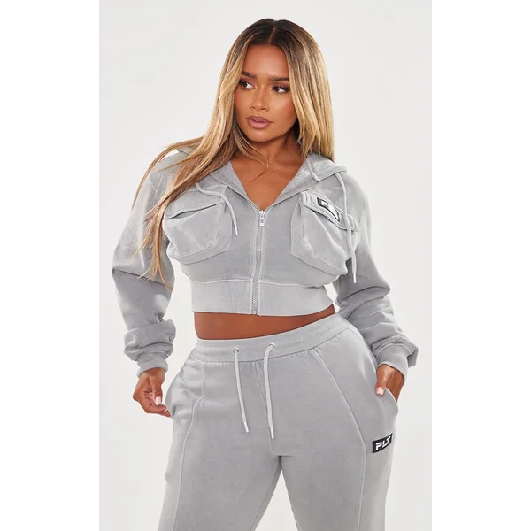 PRETTYLITTLETHING Shape Grey Marl Washed Cargo Cropped Hoodie