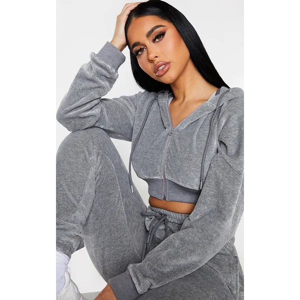 PRETTYLITTLETHING Shape Grey Velour Diamante Extreme Crop Sweatshirt