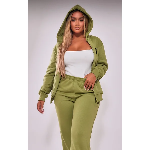 PRETTYLITTLETHING Shape Khaki Embroidered Zip Through Hoodie