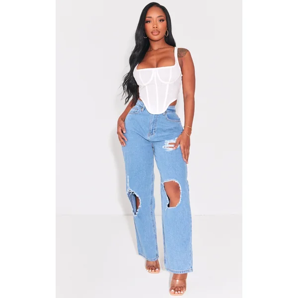PRETTYLITTLETHING Shape Light Blue High Waist Ripped Wide Leg Jeans