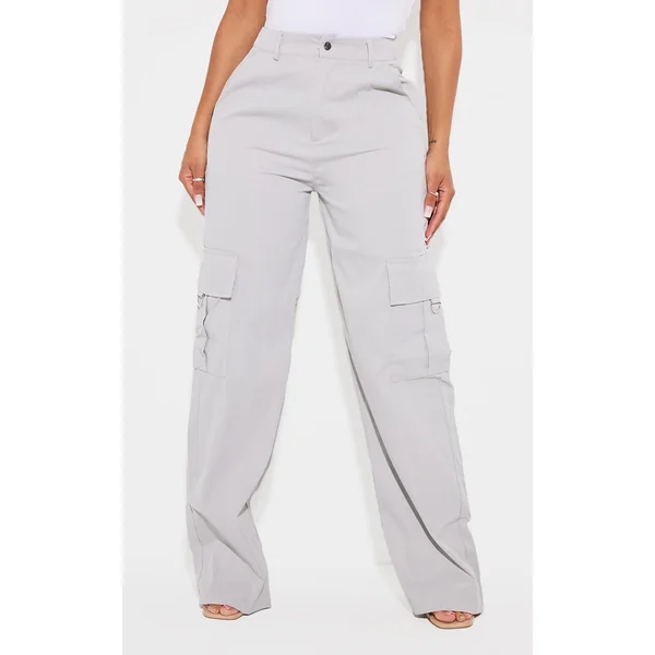 PRETTYLITTLETHING Shape Light Grey Buckle Detail Cargo Wide Leg Pants
