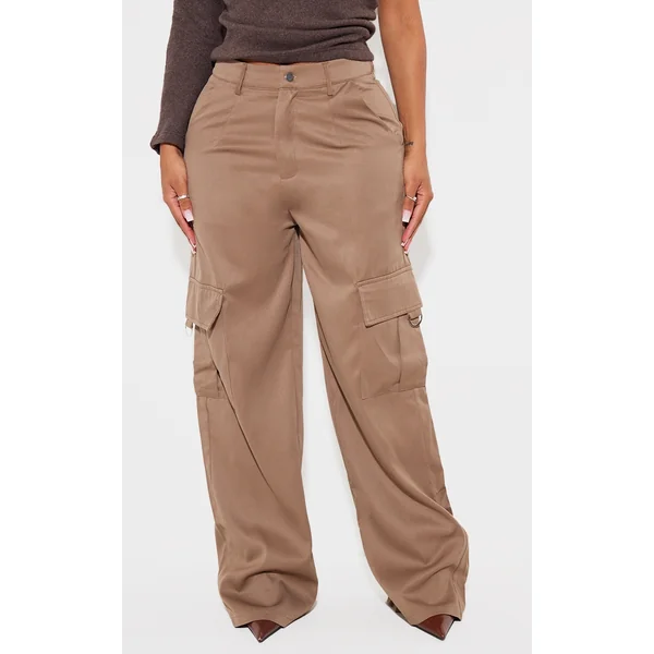 PRETTYLITTLETHING Shape Mocha Rose Buckle Detail Cargo Wide Leg Pants