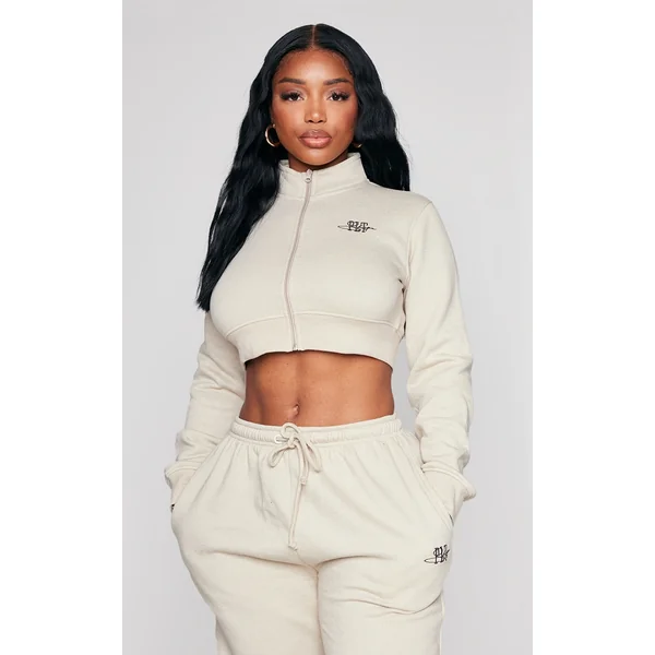 PRETTYLITTLETHING Shape Oatmeal Cropped Embroidered Detail Zip Sweatshirt