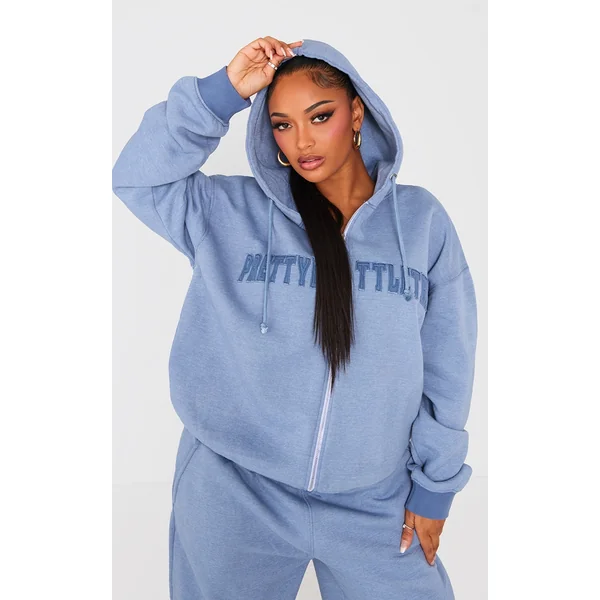 PRETTYLITTLETHING Shape Petrol Blue Embroidery Washed Zip Through Hoodie