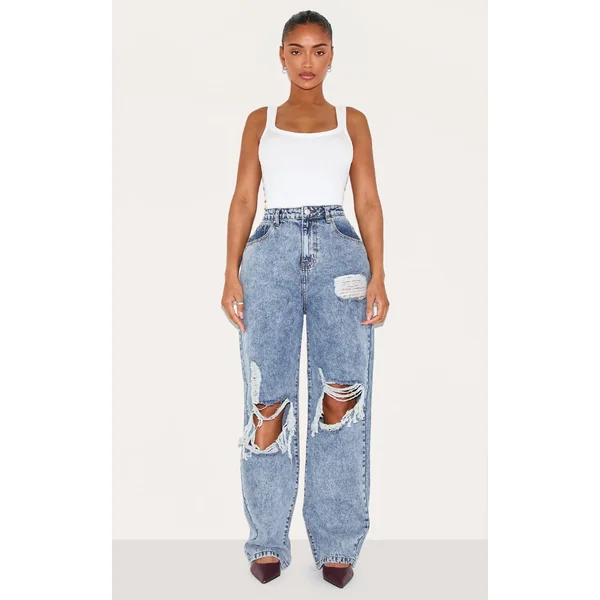 PRETTYLITTLETHING Shape Vintage Wash Extreme Rip Wide Leg Jeans