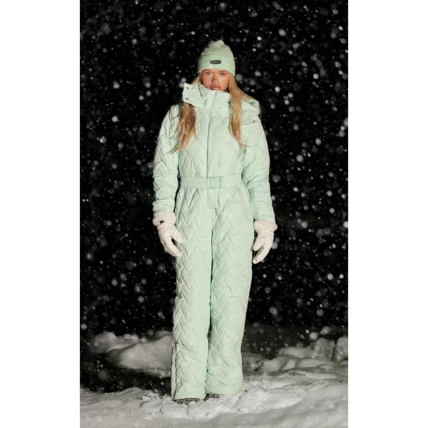 PRETTYLITTLETHING SKI Mint Chevron Quilted Belted Snow Suit