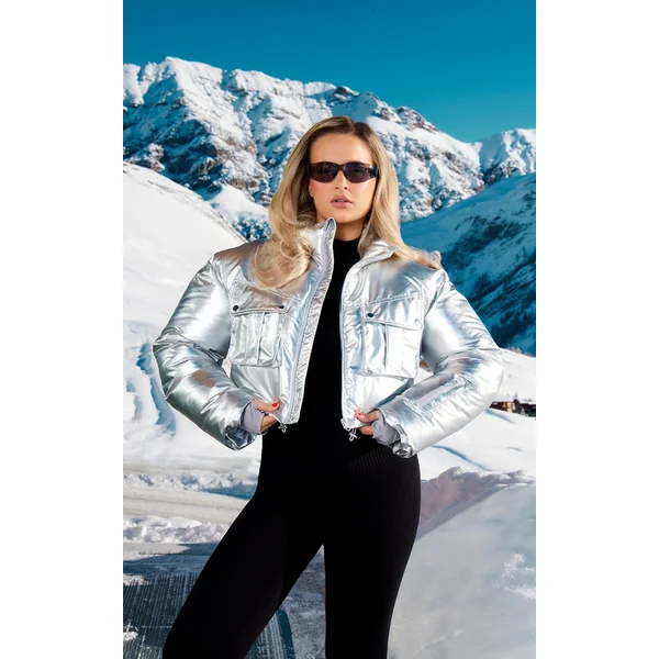 PRETTYLITTLETHING SKI Silver High Shine Cropped Puffer Coat