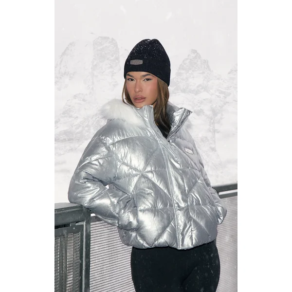PRETTYLITTLETHING SKI Silver Quilted Cropped Puffer Coat