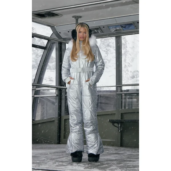 PRETTYLITTLETHING SKI Silver Quilted Snow Suit