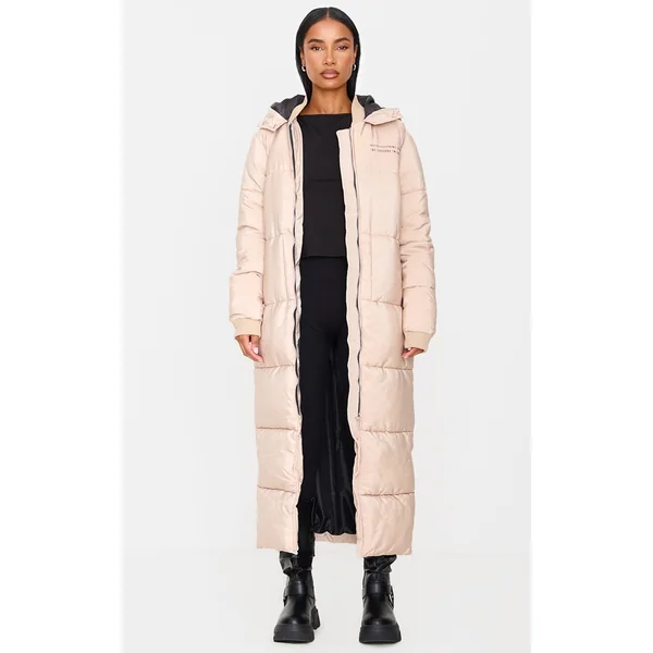 PRETTYLITTLETHING Stone Text Front Maxi Puffer Coat