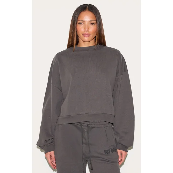 PRETTYLITTLETHING Tall Charcoal Premium Studio Print Boxy Sweatshirt