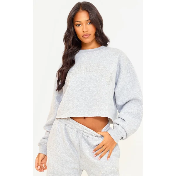PRETTYLITTLETHING Tall Grey Marl Distressed Varsity Cropped Sweatshirt