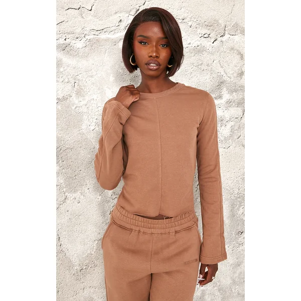 PRETTYLITTLETHING Tall Taupe Embroidered Raw Hem Seam Detail Fitted Top