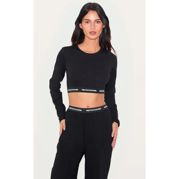 PRETTYLITTLETHING Tape Black Long Sleeve PJ Top
