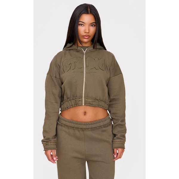 PRETTYLITTLETHING Taupe Studio Embroidered Raw Hem Detail Zip Up Hoodie