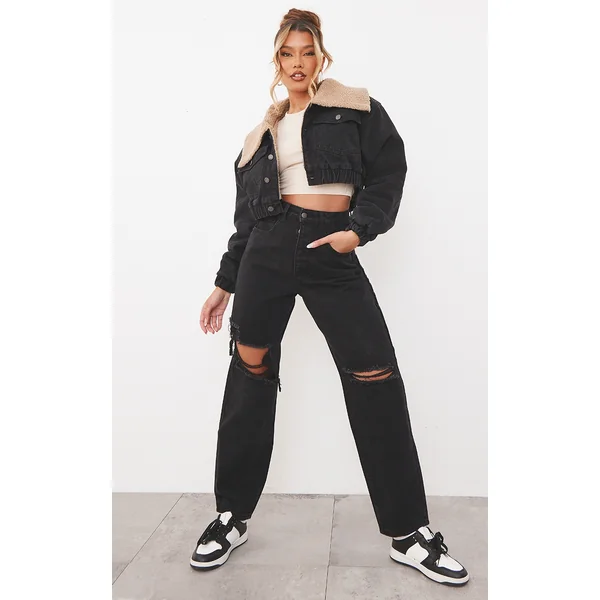 PRETTYLITTLETHING Washed Black Knee Rip Boyfriend Jeans