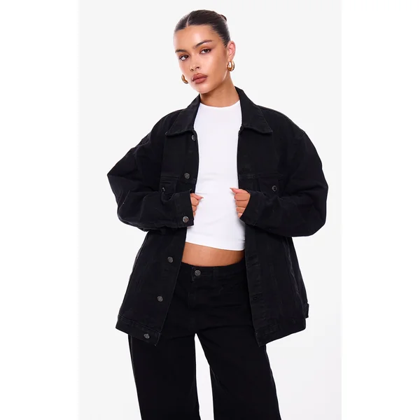 PRETTYLITTLETHING Washed Black Oversized Boyfriend Denim Jacket