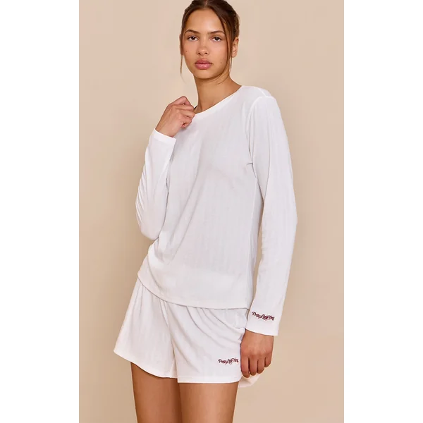 PRETTYLITTLETHING White Embroidered Pointelle Short Pj Set