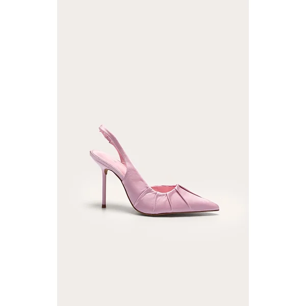 Primrose Pink Satin Point Toe Ruched Sling Back High Stiletto Heeled Courts