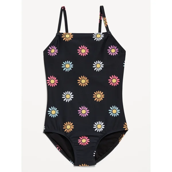Printed Back Cutout One-Piece Swimsuit for Girls - Black Multi Flower