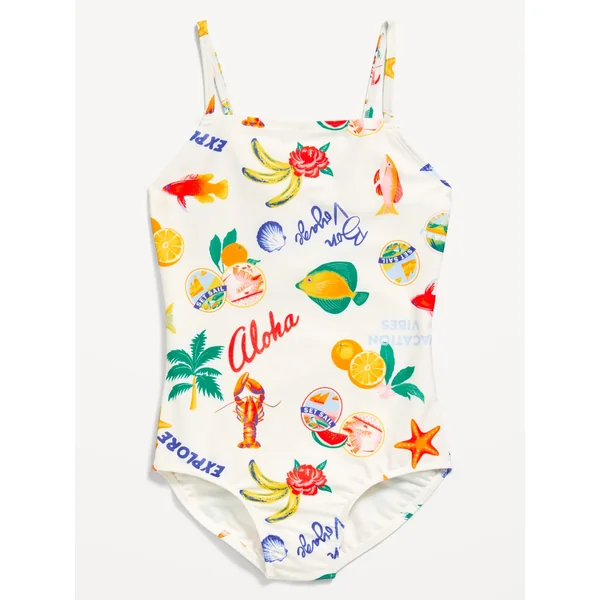 Printed Back Cutout One-Piece Swimsuit for Girls - White Aloha