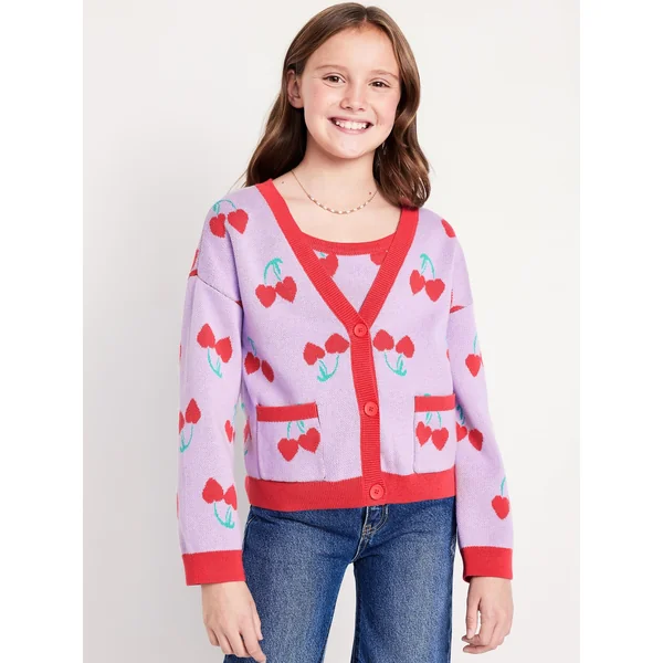Printed Button-Front Cardigan Sweater for Girls - Lavender Haven