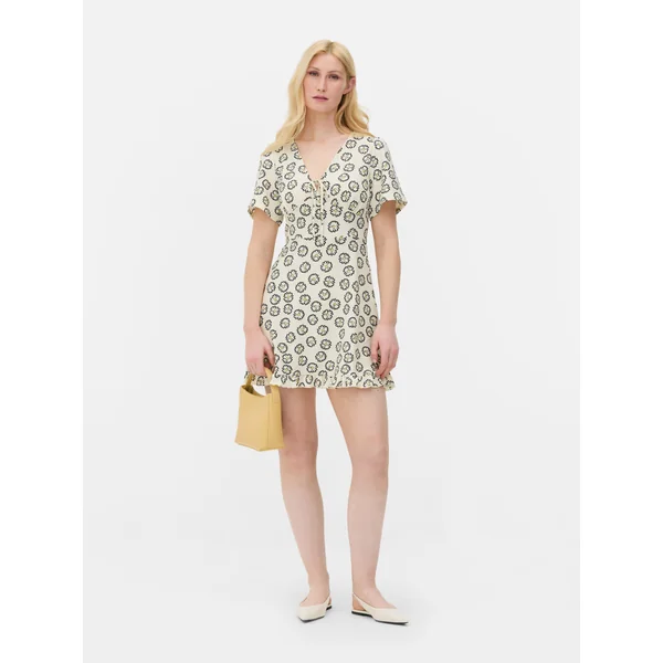 Printed Crinkle Mini Dress - Ivory