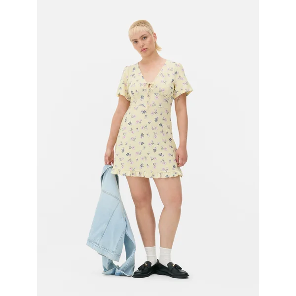 Printed Crinkle Mini Dress - Lemon