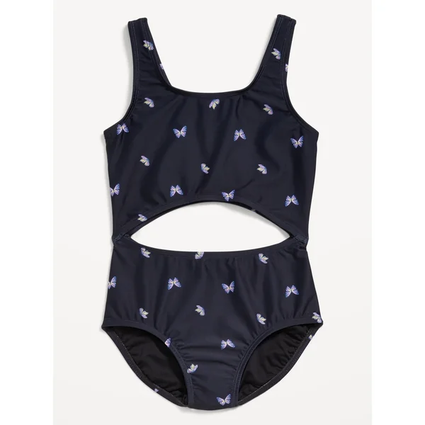 Printed Cutout One-Piece Swimsuit for Girls - Black Butterfly