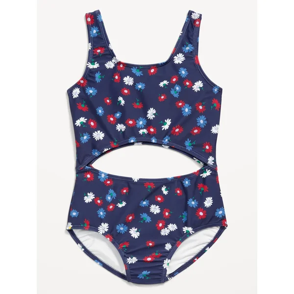 Printed Cutout One-Piece Swimsuit for Girls - Blue Ditsy Floral