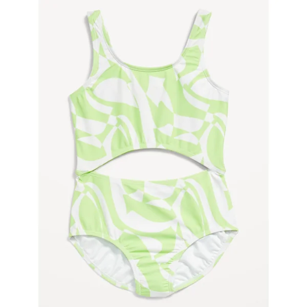 Printed Cutout One-Piece Swimsuit for Girls - Green Geometric